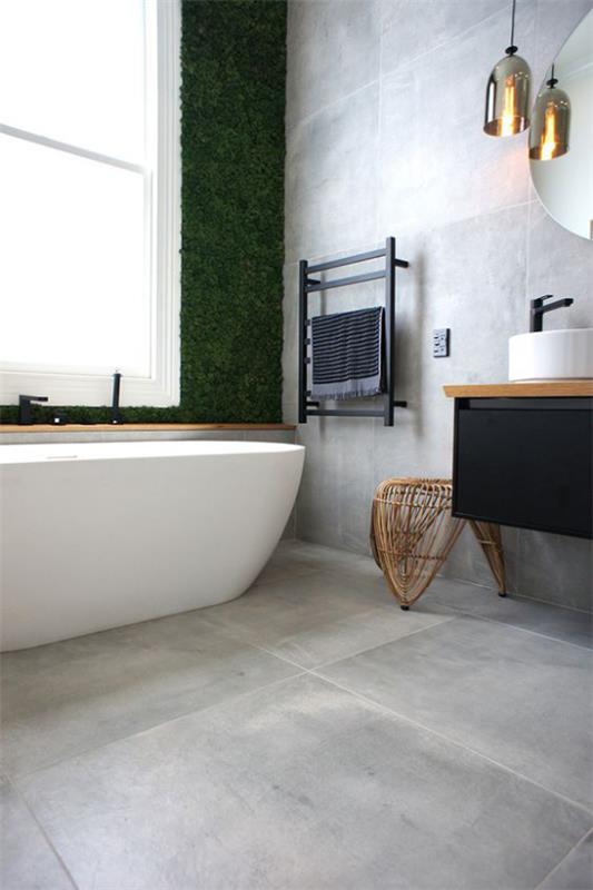 harmaat lattian harmaat laatat XXL -muodossa moderni minimalistinen kylpyhuone kylpyamme iso ikkuna harmaa seinälaatat