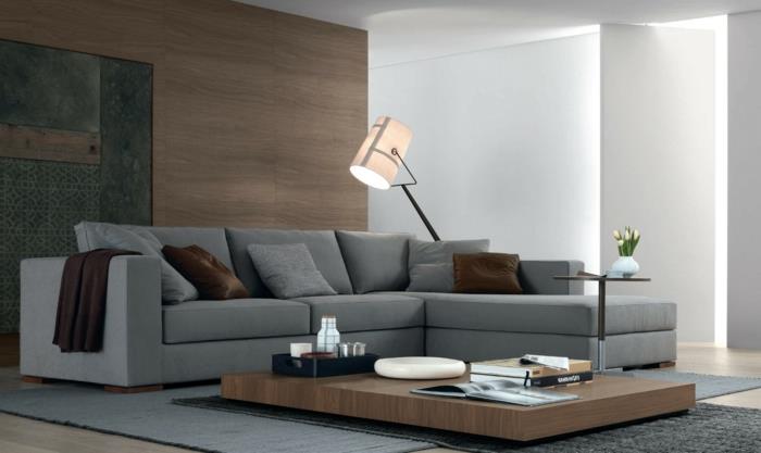 harmaa sohva olohuone ideoita ruskea aksentti minimalistinen sohvapöytä
