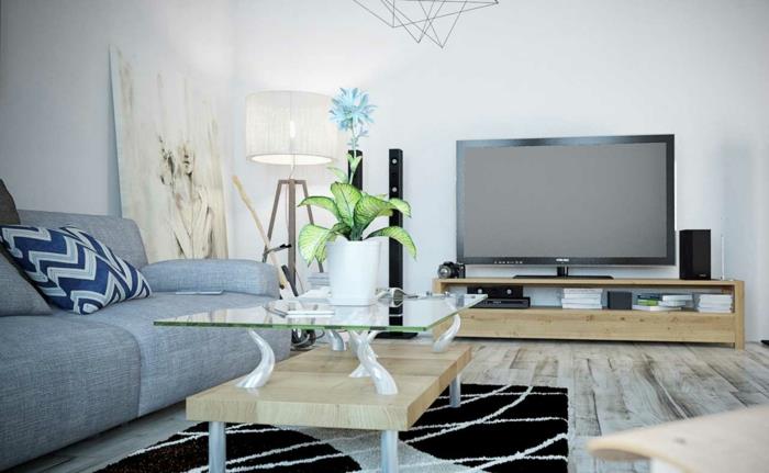 harmaa sohva kotiin ideoita olohuone tyylikäs matto kasvi tv