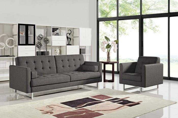 harmaa sohva olohuone sisustaa tyylikäs matto