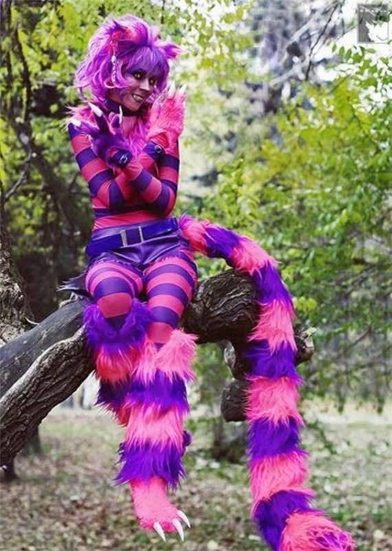 Cheshire -kissan puku vaaleanpunaiset violetit raidat karnevaali