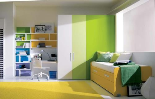 vihreä keltainen nuorisohuoneen sänky työpöydän väriyhdistelmä