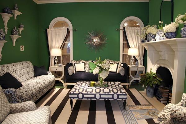 vihreä smaragdi moderni sisustus seinät pöytä takka kukat