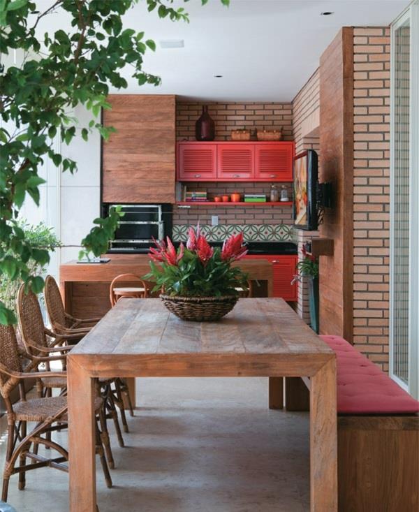 vihreät koriste-ideat-huonekasvit-terassi-suunnittelu-puu-keittiö-ruokailutila