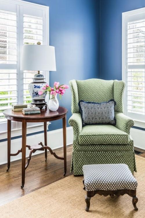vihreän nojatuolin sinisen seinän kotiideoita