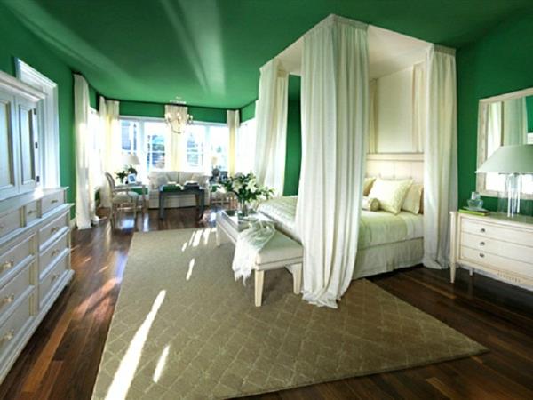 vihreä makuuhuoneen seinän väri katon väri katosvuode valkoinen