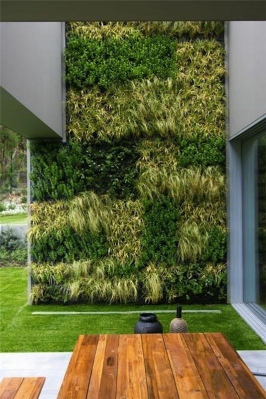 vihreä seinä puutarhassa puukalusteet
