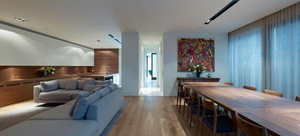 iso moderni talo olohuone ruokailuhuone kulmasohva sininen