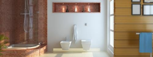 Hyvin suunnitellut kylpyhuonelaatat ruskean seinähyllyn suihkukaappi