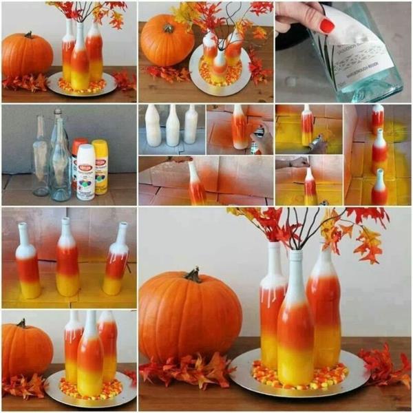 halloween -sisustusideat pullot väri spray keltainen oranssi kurpitsa syksyn lehdet