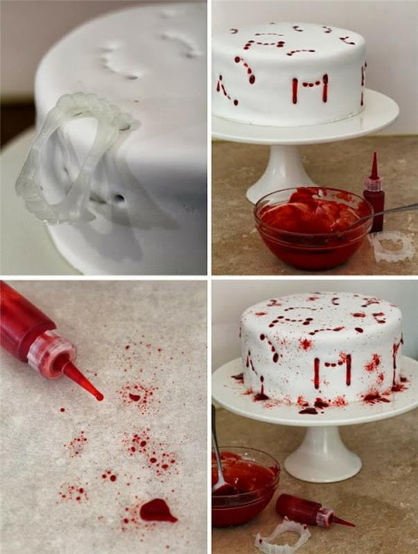 Halloween -kakku, joka koristaa verisiä vadelmia