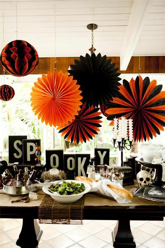 halloween-pöytä-koristelu-ideat-musta-oranssi-väri-suunnittelu