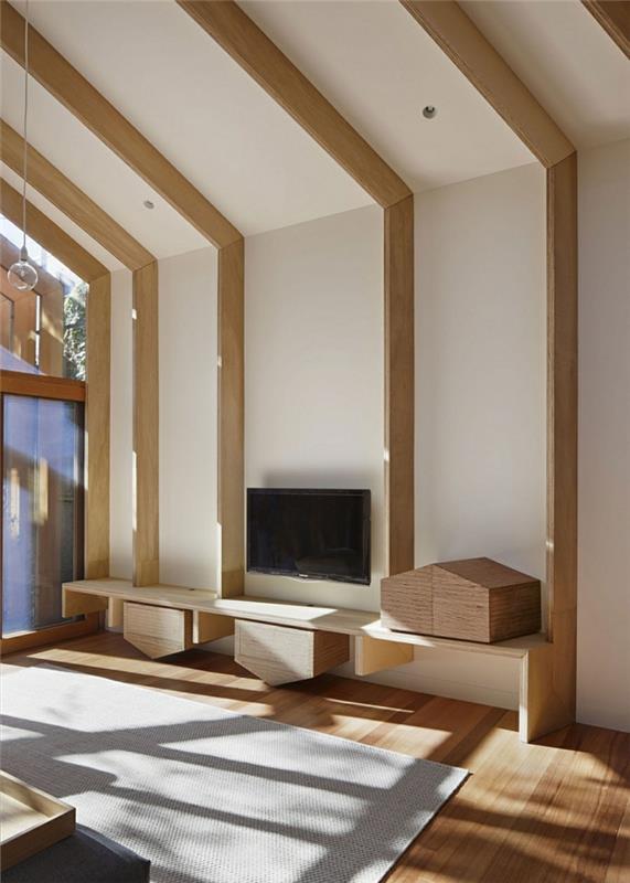 remontoida talo moderni sisustus olohuone tv seinäyksikkö puupalkit puulattia