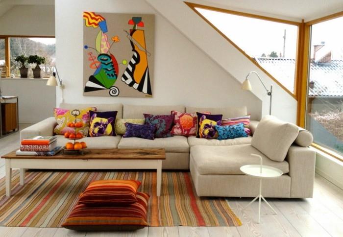 talon kunnostus seinän koristelu modernin taiteen kulmasohva värikäs heitotyynyt matto