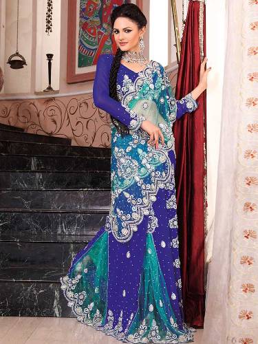 Royal és Aqua Blue Crystal Work Saree