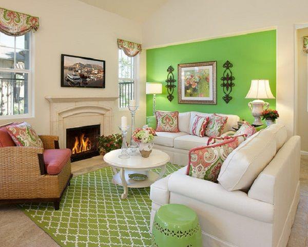 kirkkaan vihreä raikas kevät olohuone valkoinen kaunis seinän värit olohuone