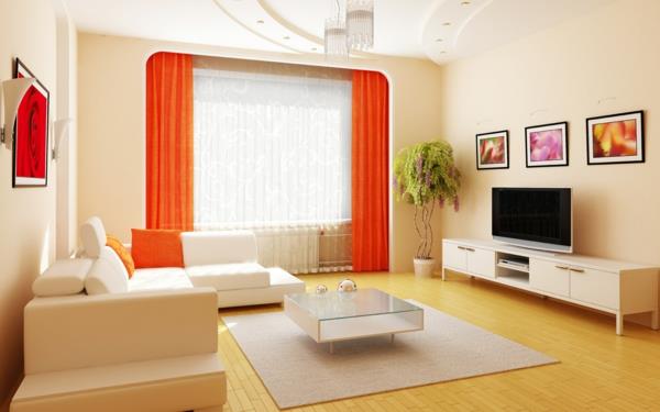 valoisa olohuone sisustus oranssi verhot matto kauniit seinävärit olohuone