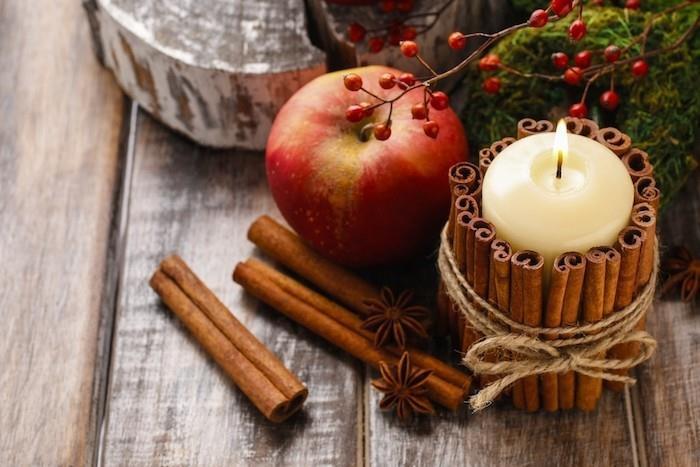 syksyn pöydän koristelu kanelitangot pilari kynttilä omena tähtianista puu siivu