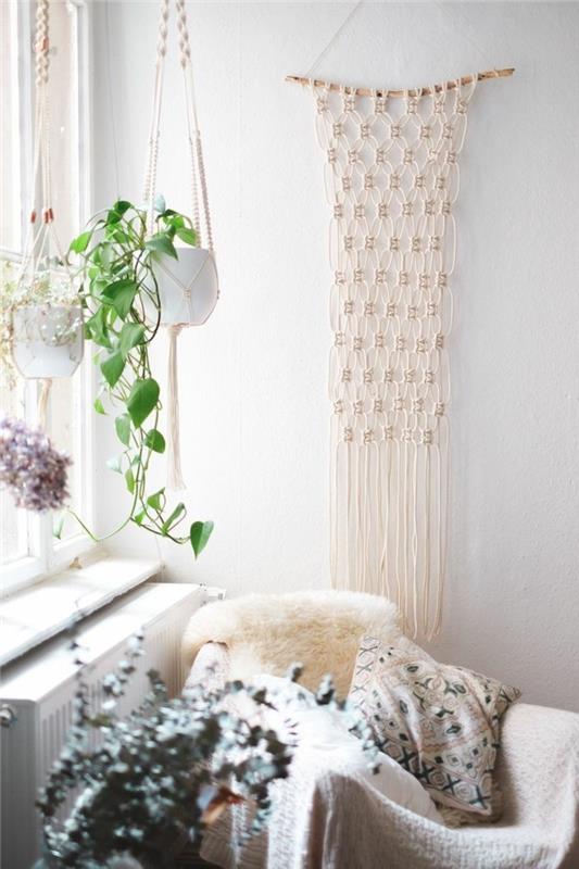 roikkuva kori macrame kauniita sisustusideoita makuuhuoneeseen