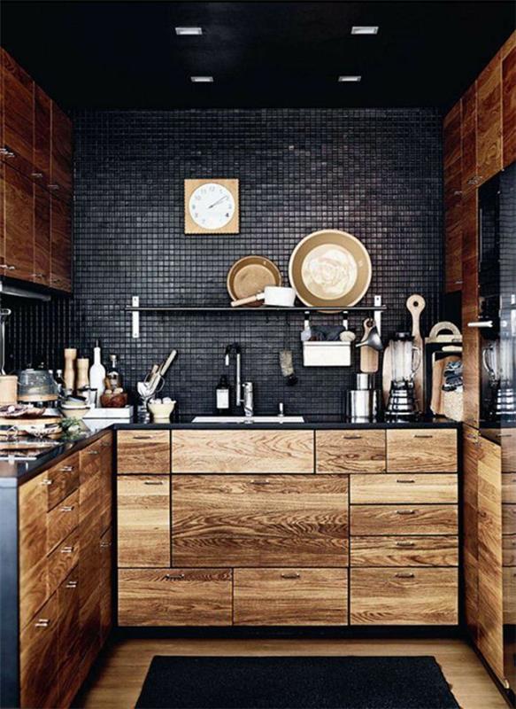 puinen keittiö keittiö takaseinä ideoita mosaiikki laatat täysin musta