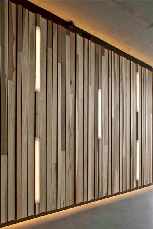 puutaide luova seinäsuunnittelu seinäkoristeideat puuverhous moderni seinävalaisin sisäänrakennettu