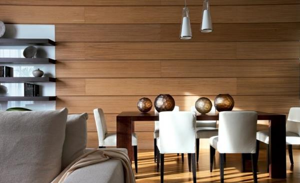 puupaneelit ruokasalin seinäsuunnittelu tyylikkäät valkoiset tuolit