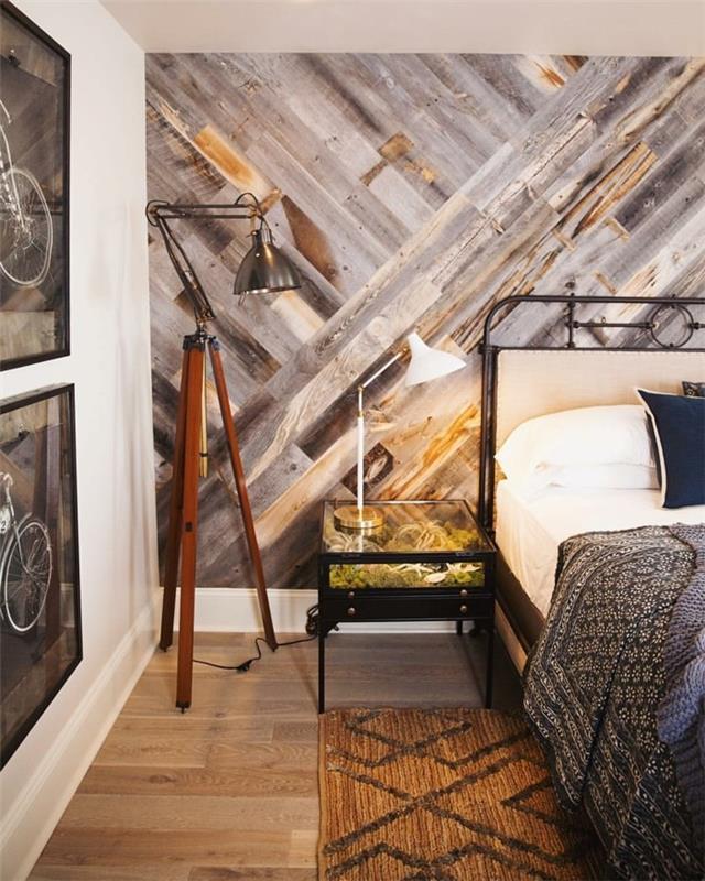 puinen verhous makuuhuoneen seinän suunnittelu puulattia hieno yöpöytä