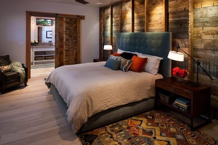 puupanelointi seinän suunnittelu makuuhuone värillinen matto