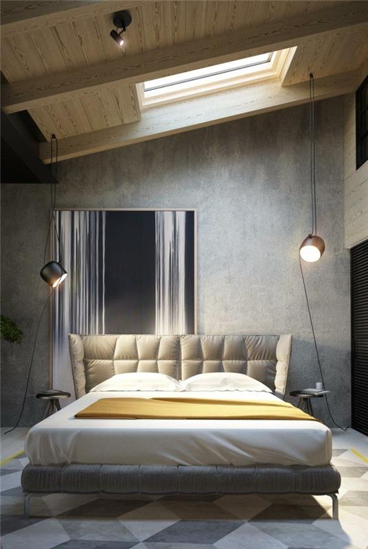 ideoita seinän suunnittelu makuuhuone betoniseinä geometrinen matto