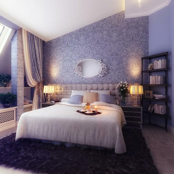 ideoita seinän suunnitteluun makuuhuoneen sisustamiseen tapetti violetti matto
