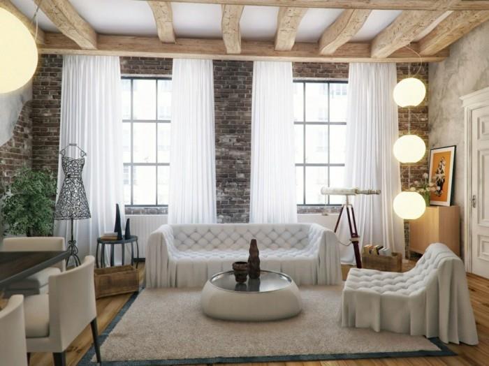 ideoita seinän suunnitteluun olohuoneen tiiliseinä valkoiset verhot tyylikkäät huonekalut