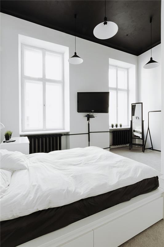 ideoita makuuhuoneen valkoinen seinämaali musta kattovalaisin