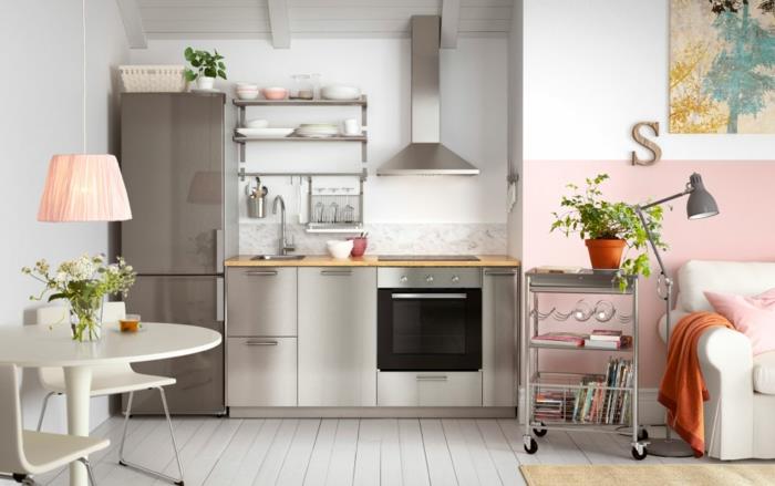 ikea -keittiöt modernit 2015 metallikiiltävät mattapintaiset liesituuletinhyllyt avoimet hyllyt
