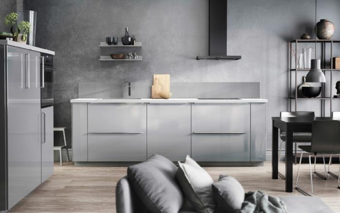 ikea -keittiöt moderni muotoilu vaaleanharmaa kiiltävä etuosa avoimet hyllyt