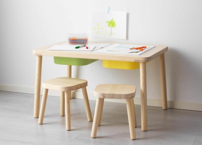ikea lastenhuone puiset huonekalut pöytä puinen jakkara