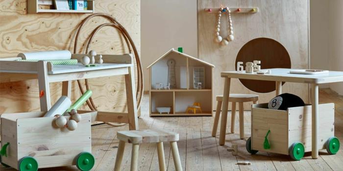 ikea lastenhuone puiset huonekalupöydät jakkarat seinäpäällyste