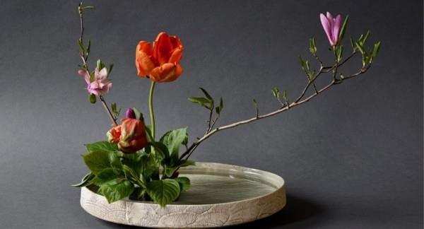 ikebana japanilainen kukka -asetelma tulppaanit magnolia