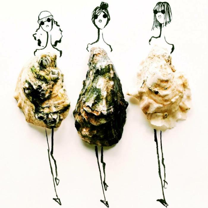kuvittajat Gretchen Roehrsin muotokuvitukset simpukoiden mekkoilla