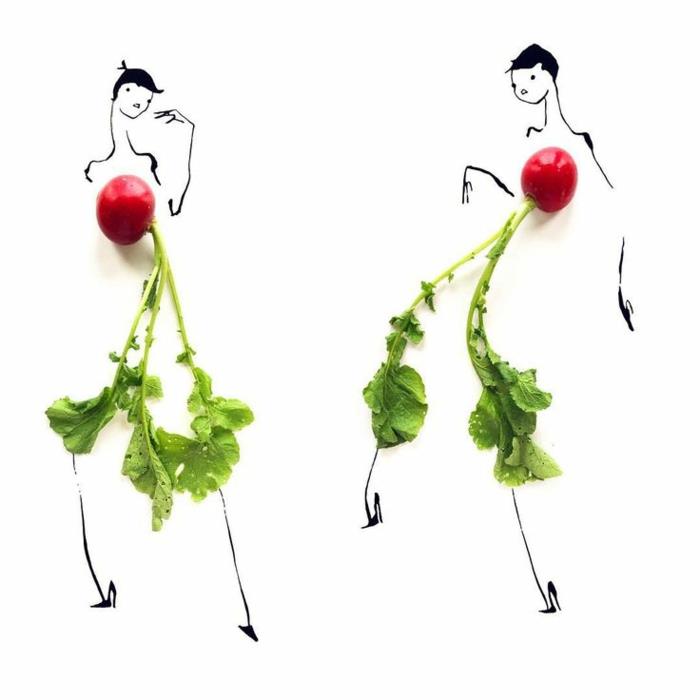 kuvittajat Gretchen Roehrsin muotikuvaukset hedelmillä ja vihanneksilla