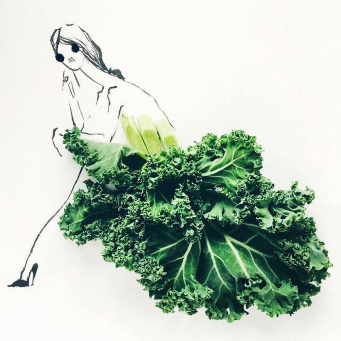 kuvittajat Gretchen Roehrsin muotikuvaukset salaatinlehdistä