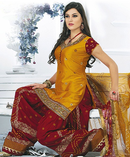 Indiai stílusú vörös és mustáros Bandhej Salwar öltöny