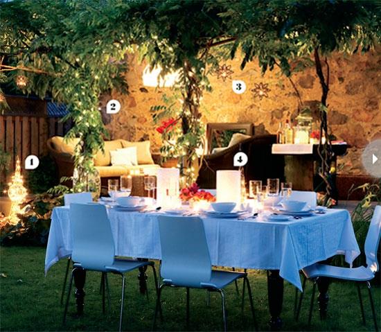 epäsuora valaistus puutarhassa sininen ruokapöytä tuolit muovia