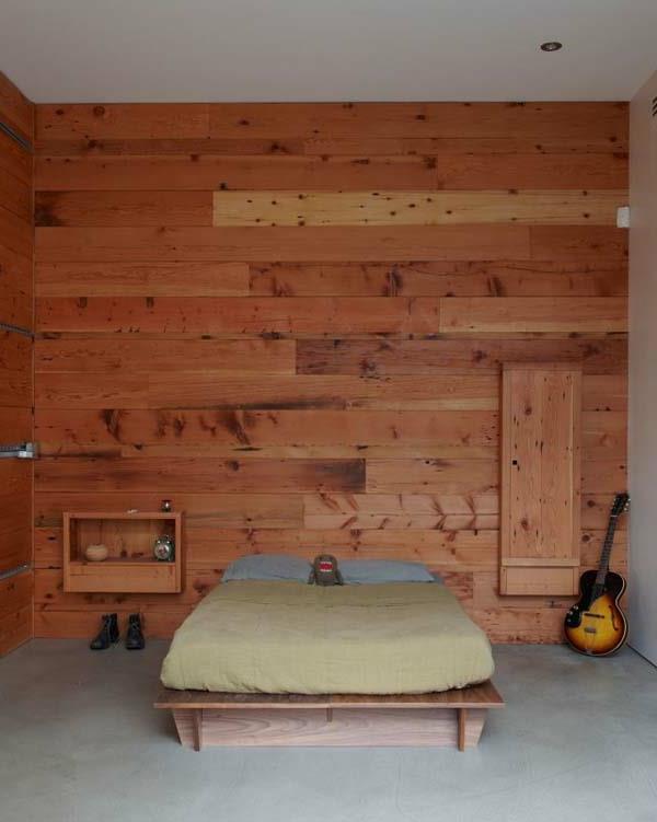 teollinen tyyli kitara puuseinäsuunnittelu patja puurunkoinen sänky