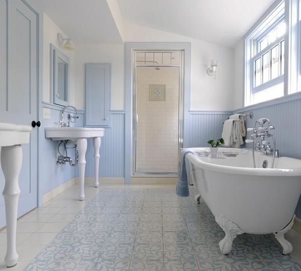sisustus sininen ja valkoinen kylpyhuoneen lattia