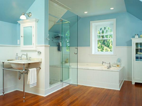 sisustus sininen ja valkoinen ylellinen kylpyhuoneen suihkukaappi