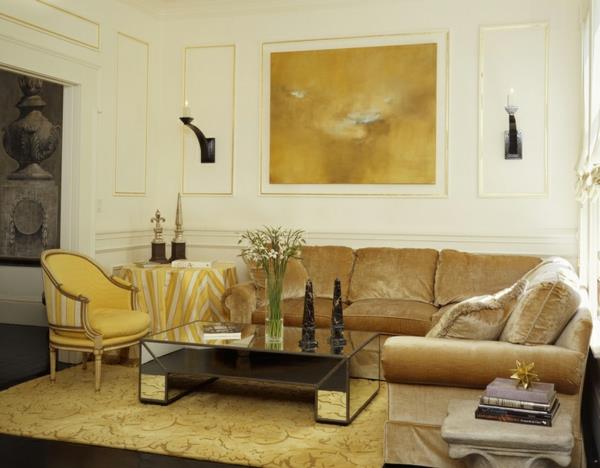 sisustusideoita egyptiläistyylinen väri aksentti kultainen olohuone sohva pehmustetut huonekalut