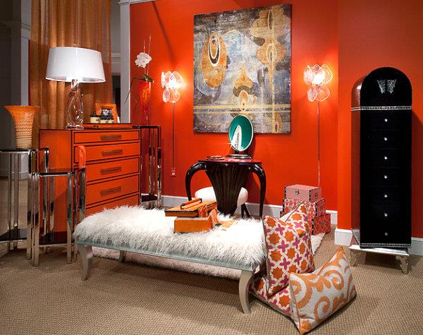sisustusideoita oranssi väri pukeutuja seinämaali tyynyt