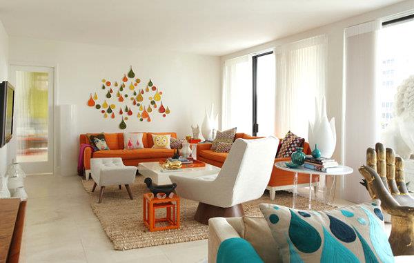 sisustusideoita oranssinvärinen sohva olohuoneen väri aksentti