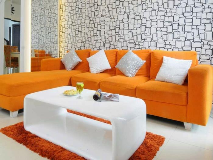 sisustusideoita olohuoneen suunnittelu oranssi huonekalut valkoinen sohvapöytä