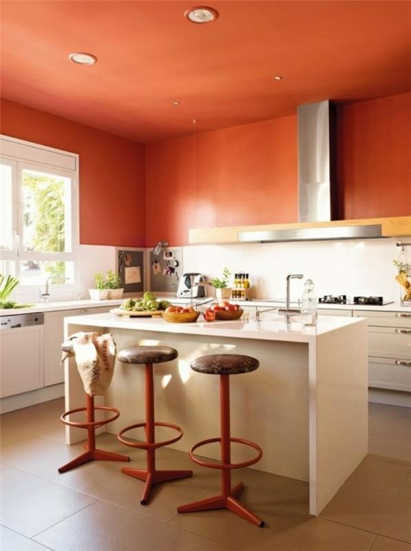 sisustussuunnittelu elävät ideat keittiö oranssi seinät valkoinen keittiö saari oranssi katto